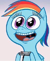 Size: 278x338 | Tagged: safe, artist:hotdiggedydemon, rainbow dash, pony, g4, animated, female, gamerdash, gradient background, nintendo entertainment system, reaction image, solo, video game