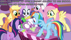 Size: 500x281 | Tagged: safe, edit, edited screencap, screencap, applejack, fluttershy, pinkie pie, rainbow dash, rarity, spike, twilight sparkle, g4, ponyville confidential, butt, caption, mane seven, plot, spike gets all the mares, texts from ponyville, wide eyes