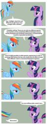 Size: 577x1528 | Tagged: safe, artist:anowia, rainbow dash, twilight sparkle, pegasus, pony, unicorn, g4, comic, duo, duo female, egghead, female, joke, mare, unicorn twilight