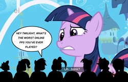 Size: 1176x757 | Tagged: safe, edit, edited screencap, screencap, applejack, fluttershy, pinkie pie, rainbow dash, rarity, spike, twilight sparkle, friendship is magic, g4, breaking the fourth wall, brink, cinema, ei, hub logo, mystery science theater 3000, pun, reaction to own portrayal, twilight's canterlot home, window