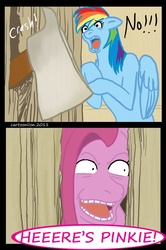 Size: 700x1056 | Tagged: dead source, safe, artist:cartoonlion, pinkie pie, rainbow dash, earth pony, pegasus, pony, g4, axe, crossover, here's johnny, parody, pinkamena diane pie, the shining, this will end in cupcakes