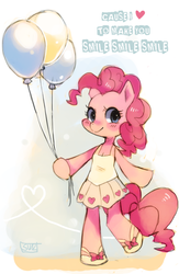 Size: 514x788 | Tagged: dead source, safe, artist:suikuzu, pinkie pie, earth pony, anthro, a friend in deed, g4, season 2, balloon, cleavage, clothes, cute, diapinkes, dress, female, shoes, smile song, solo