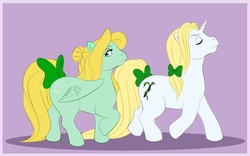 Size: 800x499 | Tagged: safe, artist:uppun, pegasus, pony, unicorn, g1, 2009, bow, crossover, duo, duo male and female, eyes closed, female, harry potter (series), lidded eyes, looking back, lucius malfoy, male, narcissa malfoy, not an oc, passepartout, raised hoof, raised leg, stallion, tail, tail bow