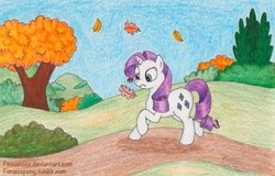 Size: 1200x767 | Tagged: safe, artist:finnishfox, rarity, pony, g4, autumn, female, leaves, solo, traditional art