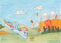 Size: 1200x848 | Tagged: safe, artist:finnishfox, rainbow dash, g4, autumn, leaves, rainbow crash