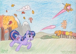 Size: 1200x857 | Tagged: safe, artist:finnishfox, twilight sparkle, g4, autumn, laser, leaves, magic blast, twilight cannon