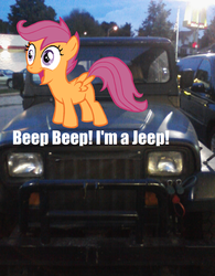 Size: 1192x1528 | Tagged: safe, artist:missmayaleanne, scootaloo, pony, g4, car, jeep, jeep wrangler, photo