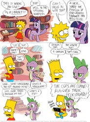 Size: 811x1102 | Tagged: safe, artist:kturtle, spike, twilight sparkle, g4, bart simpson, comic, crossover, eye contact, grin, library, lidded eyes, lisa simpson, looking at each other, male, open mouth, playstation portable, pointing, sitting, smiling, the simpsons, waving