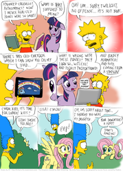 Size: 794x1107 | Tagged: safe, artist:kturtle, fluttershy, rainbow dash, twilight sparkle, g1, g3, g4, comic, crossover, lisa simpson, male, marge simpson, the simpsons
