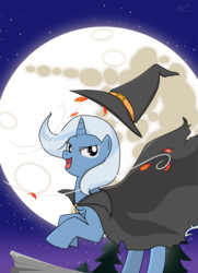 Size: 1200x1662 | Tagged: safe, artist:teenbulma, trixie, pony, unicorn, g4, female, hat, leaf, mare, mare in the moon, moon, witch hat