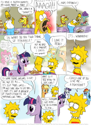 Size: 806x1106 | Tagged: safe, artist:kturtle, applejack, carrot cake, pinkie pie, rainbow dash, rarity, twilight sparkle, g4, bart simpson, comic, crossover, fridge logic, hilarious in hindsight, homer simpson, lisa simpson, maggie simpson, male, marge simpson, the simpsons