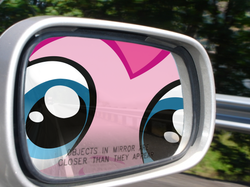Size: 590x442 | Tagged: safe, artist:necronomiconofgod, artist:ponyweed, edit, part of a set, pinkie pie, g4, automobile, car, close up series, close-up, extreme close-up, fourth wall, fourth wall destruction, irl, mirror, objects in mirror are closer than they appear, parody, photo, rear view mirror, the far side