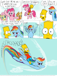 Size: 806x1080 | Tagged: safe, artist:kturtle, applejack, fluttershy, pinkie pie, rainbow dash, g4, bart simpson, comic, crossover, flying, lisa simpson, male, riding, the simpsons