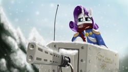 Size: 1600x900 | Tagged: safe, artist:rublegun, rarity, pony, g4, clothes, general, scarf, snow, solo, tank (vehicle)