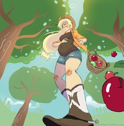 Size: 1280x1299 | Tagged: safe, artist:glasmond, applejack, human, g4, apple, applebucking thighs, bandaid, basket, female, humanized, low angle, orchard, perspective, preggo jack, pregnant, solo, spurs, working