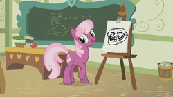 Size: 1280x720 | Tagged: safe, cheerilee, g4, cheerilee's clipboard meme, exploitable meme, meme, ponyville schoolhouse, trollface