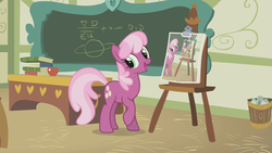 Size: 1280x720 | Tagged: safe, cheerilee, earth pony, pony, g4, cheerilee's clipboard meme, droste effect, exploitable meme, female, meme, ponyville schoolhouse, recursion, solo