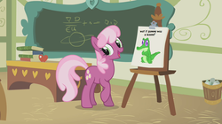 Size: 1066x598 | Tagged: safe, cheerilee, gummy, g4, cheerilee's clipboard meme, exploitable meme, meme, ponyville schoolhouse, wut if gummy wuz a meme