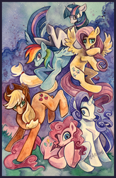 Size: 593x904 | Tagged: safe, artist:iceandsnow, applejack, fluttershy, pinkie pie, rainbow dash, rarity, twilight sparkle, g4, mane six