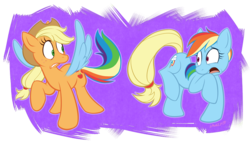 Size: 900x521 | Tagged: dead source, safe, artist:lawlzy, applejack, rainbow dash, pegasus, pony, fanfic:those blue wings, g4, body part swap, duo, earth pony rainbow dash, fanfic, female, flapplejack, mare, purple background, race swap, shocked, simple background, swap, tail swap, wing swap