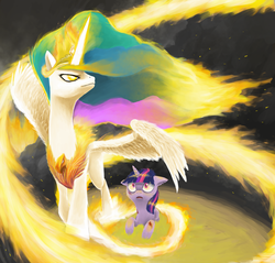 Size: 2787x2661 | Tagged: safe, artist:olafski, princess celestia, twilight sparkle, alicorn, phoenix, pony, unicorn, g4, badass, blood, duo, fire, floppy ears, fluffy, glare, glowing eyes, glowing horn, horn, injured, looking up, magic, mama bear, mane of fire, momlestia, now you fucked up, open mouth, prime celestia, prone, protecting, pyromancy, serious, spread wings, this will end in incineration, this will end in pain and/or death, unicorn twilight, watching, wide eyes