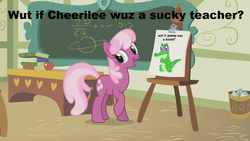 Size: 1063x598 | Tagged: safe, cheerilee, gummy, g4, cheerilee's clipboard meme, crossing the memes, exploitable meme, meme, memeception, ponyville schoolhouse, wut if gummy wuz a meme