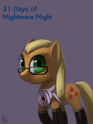 Size: 600x800 | Tagged: safe, artist:grissaecrim, applejack, g4, 31 days of nightmare night, fact core, glasses, halloween, liarjack, portal (valve), portal 2, scrunchy face