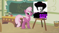 Size: 1066x598 | Tagged: safe, cheerilee, g4, cheerilee's clipboard meme, exploitable meme, george harrison, meme, ponyville schoolhouse