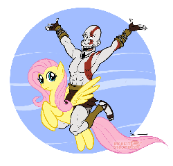 Size: 845x811 | Tagged: safe, artist:izra, fluttershy, g4, crossover, gif, god of war, kratos, non-animated gif