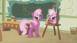 Size: 1280x720 | Tagged: safe, cheerilee, earth pony, pony, g4, chalkboard, cheerilee's clipboard meme, classroom, exploitable meme, female, looking back, mare, meme, mirror, ponyville schoolhouse, raised hoof, smiling, solo