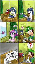 Size: 1024x1852 | Tagged: safe, artist:ciriliko, princess cadance, shining armor, shy guy, g4, :3, colt, comic, creeper, crossover, luigi, male, super mario bros., younger