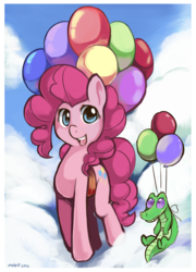 Size: 651x904 | Tagged: safe, artist:ende26, gummy, pinkie pie, alligator, earth pony, pony, g4, balloon, cloud, cloudy, female, flying, happy, mare, then watch her balloons lift her up to the sky