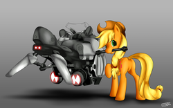 Size: 4000x2500 | Tagged: safe, artist:ultimiant, applejack, earth pony, pony, g4, butt, female, hoverbike, mare, mouth hold, plot, wrench