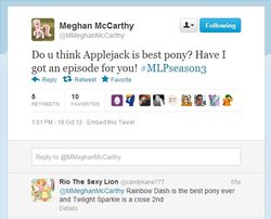 Size: 567x458 | Tagged: safe, applejack, oc, oc:meghan mccarthy, g4, my little pony: friendship is magic, season 3, meghan mccarthy, text, twitter