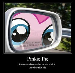 Size: 668x653 | Tagged: safe, artist:necronomiconofgod, artist:ponyweed, pinkie pie, g4, automobile, car, close up series, close-up, demotivational poster, extreme close-up, fourth wall, fourth wall destruction, irl, meme, mirror, objects in mirror are closer than they appear, ponk, rear view mirror, the far side