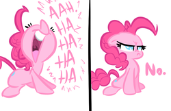 Size: 770x500 | Tagged: safe, artist:tess, pinkie pie, earth pony, pony, g4, angry, cute, ears back, female, frown, glare, grumpy, haha no, laughing, no, nose wrinkle, open mouth, reaction image, sitting, smiling, solo