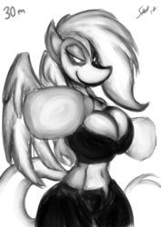 Size: 2893x4092 | Tagged: safe, artist:saliantsunbreeze, rainbow dash, anthro, g4, 30 minute art challenge, belly button, boxing, breasts, busty rainbow dash, cleavage, clothes, female, midriff, monochrome, shorts, sketch, sports bra