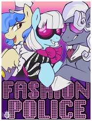 Size: 756x1000 | Tagged: safe, artist:anuvia, hoity toity, photo finish, sapphire shores, earth pony, pony, g4, fashion police, female, male, mare, poster, smiling, stallion, trio