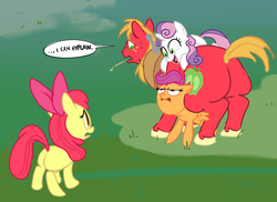 Size: 985x719 | Tagged: safe, artist:ross irving, apple bloom, big macintosh, scootaloo, sweetie belle, earth pony, pegasus, pony, unicorn, g4, bhm, big backintosh, bloom butt, blushing, butt, cutie mark crusaders, fat, female, filly, foal, male, plot, pushups, stallion