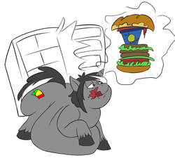 Size: 957x873 | Tagged: safe, artist:samael, oc, oc only, oc:midnight snack, pony, bhm, burger, fat, food, ice cream, male, morbidly obese, obese, refrigerator, sandwich, solo, stallion