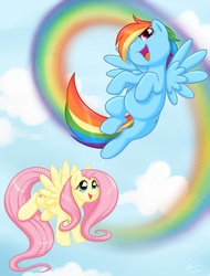 Size: 759x1000 | Tagged: safe, artist:onnanoko, fluttershy, rainbow dash, pegasus, pony, g4, duo, flying, rainbow trail