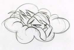 Size: 900x611 | Tagged: safe, artist:lauren faust, firefly, rainbow dash, pegasus, pony, g4, behind the scenes, black and white, cloud, color me, concept art, female, grayscale, hooves, lying on a cloud, mare, monochrome, on a cloud, prone, solo, spread wings, wings