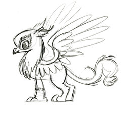 Size: 900x807 | Tagged: safe, artist:lauren faust, gilda, oc, oc:grizelda, griffon, g4, behind the scenes, color me, concept art, cute, gildadorable, looking at you, monochrome, sketch, smiling, solo, spread wings, what could have been
