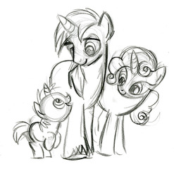 Size: 809x818 | Tagged: safe, artist:lauren faust, pony, unicorn, behind the scenes, color me, concept art, family, monochrome, not shining armor, pencil drawing, traditional art