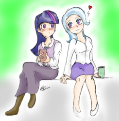 Size: 950x970 | Tagged: safe, artist:claireannecarr, trixie, twilight sparkle, human, g4, clothes, female, heart, humanized, lesbian, looking at each other, no pupils, ship:twixie, shipping, sitting, skirt