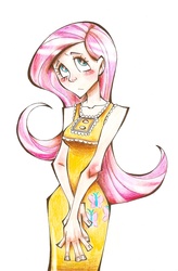 Size: 1503x2288 | Tagged: safe, artist:akikodestroyer, fluttershy, human, g4, clothes, dress, female, humanized, solo