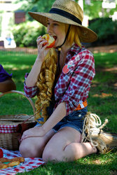 Size: 600x896 | Tagged: safe, artist:fallmoonlitrose, applejack, human, g4, apple, cosplay, food, irl, irl human, obligatory apple, photo, solo