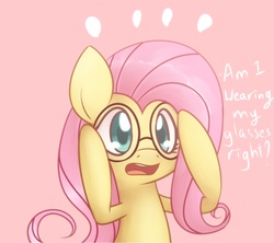 Size: 900x800 | Tagged: safe, artist:solar-slash, fluttershy, pegasus, pony, g4, cute, female, glasses, meganekko, pink background, simple background, solo, text