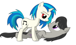 Size: 5020x3000 | Tagged: safe, artist:shardii, dj pon-3, octavia melody, vinyl scratch, earth pony, pony, unicorn, g4, bedroom eyes, cutie mark, female, hooves, horn, lesbian, lying down, mare, on back, ship:scratchtavia, shipping, simple background, smiling, standing, transparent background, vector