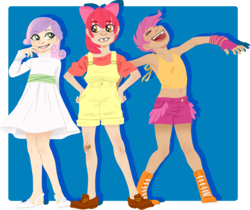 Size: 961x806 | Tagged: safe, artist:french-teapot, apple bloom, scootaloo, sweetie belle, human, g4, bandaid, belly button, blue background, blushing, boots, clothes, cute, cutie mark crusaders, dark skin, dress, eyes closed, fingerless gloves, freckles, gloves, grin, humanized, laughing, midriff, open mouth, overalls, shoes, shorts, simple background, smiling, tank top, tooth gap